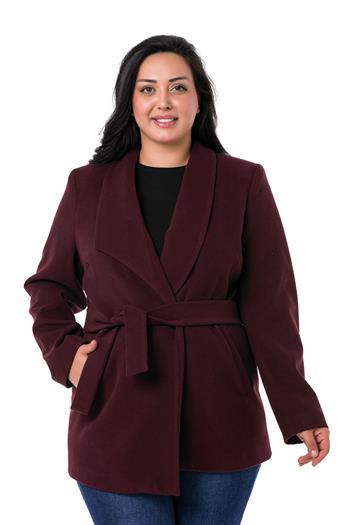 Büyük Beden Mendil Yaka Kuşaklı Cepli Astarlı  Kaşe Bordo Kaban 