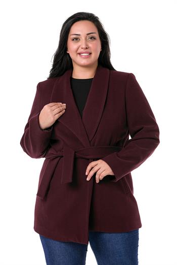 Büyük Beden Mendil Yaka Kuşaklı Cepli Astarlı  Kaşe Bordo Kaban 