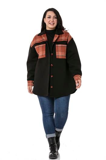 Büyük Beden Oduncu Kumaş Garnili Üç İplik Şardonlu Pamuklu Siyah Gömlek