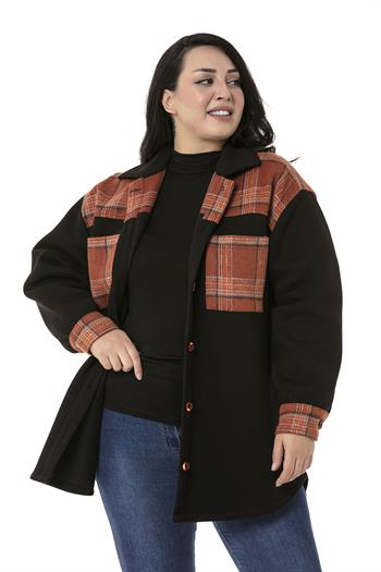 Büyük Beden Oduncu Kumaş Garnili Üç İplik Şardonlu Pamuklu Siyah Gömlek