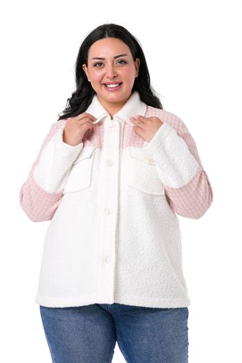 Büyük Beden Omuz ve Kolları Garnili Göğüsü Cepli Beyaz Peluş Gömlek
