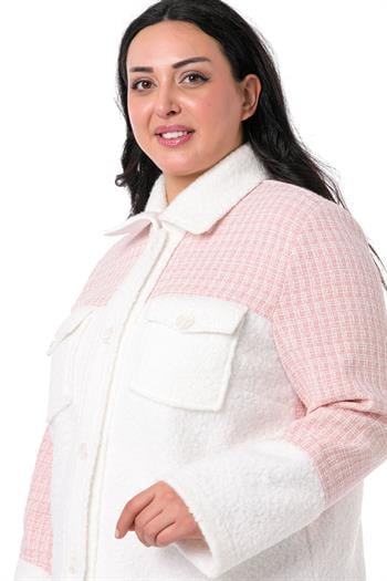 Büyük Beden Omuz ve Kolları Garnili Göğüsü Cepli Beyaz Peluş Gömlek