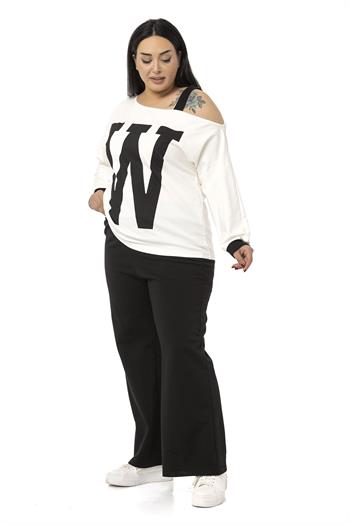 Büyük Beden Omuzdan Bantlı Uzun Kollu Beyaz Bluz ve Siyah Pantolon İkili Takım