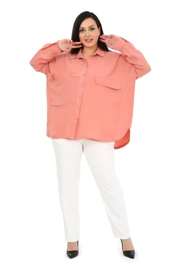 Büyük Beden Oversize Uzun Kollu Geniş Cepli Pudra Gömlek
