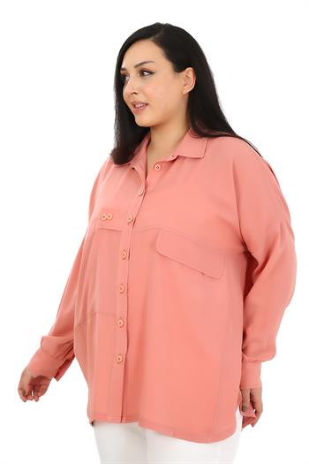 Büyük Beden Oversize Uzun Kollu Geniş Cepli Pudra Gömlek