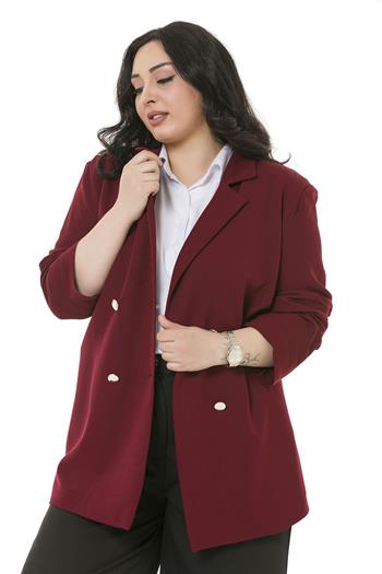Büyük Beden Süs Cepli Metal Düğmeli Astarlı Bordo Ceket
