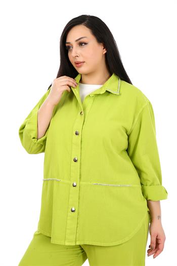 Büyük Beden Taş Süslemeli Metal Düğmeli Fıstık Yeşili Gömlek 