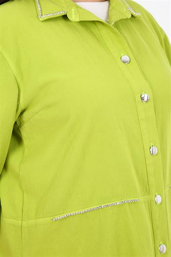 Büyük Beden Taş Süslemeli Metal Düğmeli Fıstık Yeşili Gömlek 