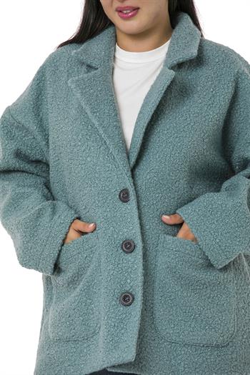 Büyük Beden Üç Düğmeli Cepli Buklet Turkuaz Kaban