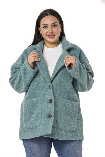 Büyük Beden Üç Düğmeli Cepli Buklet Turkuaz Kaban