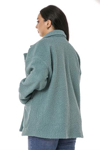 Büyük Beden Üç Düğmeli Cepli Buklet Turkuaz Kaban