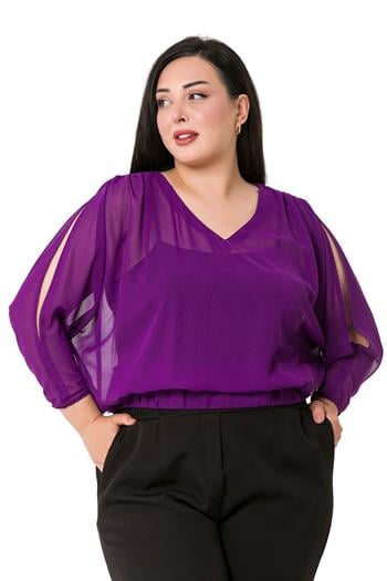 TEK KALANLARBüyük Beden V Yaka Koldan Dekolteli Beli Lastikli Mor Şifon BluzDISENTIS MODESTBüyük Beden V Yaka Koldan Dekolteli Beli Lastikli Mor Şifon Bluz