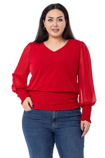 TEK KALANLARBüyük Beden V Yaka Kolları Şifon Beli ve Kol Ağzı Gipeli Kırmızı BluzDISENTIS MODESTBüyük Beden V Yaka Kolları Şifon Beli ve Kol Ağzı Gipeli Kırmızı Bluz