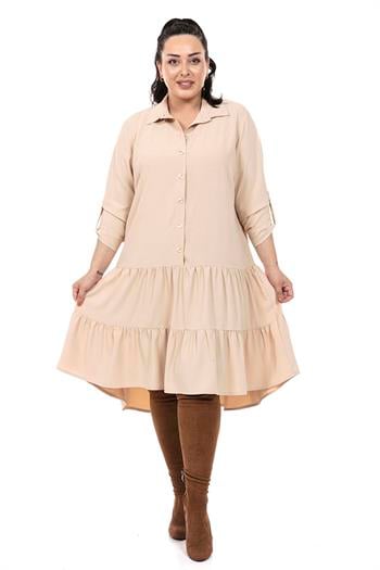 Büyük Beden Yakası Düğmeli Kolları Katlanır Asimetrik Kesim Krem Elbise