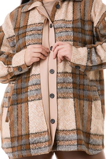 Büyük Beden Yandan Cepli Manşetli Oduncu Vizon Gömlek