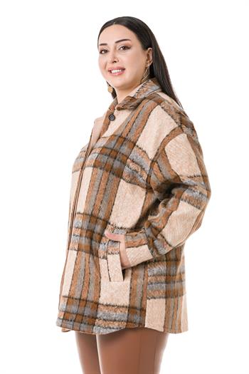 Büyük Beden Yandan Cepli Manşetli Oduncu Vizon Gömlek