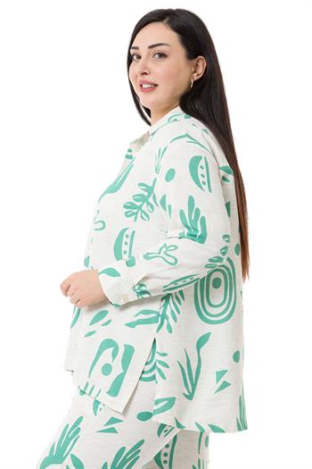 Büyük Beden Yanı Yırtmaçlı Manşetli Yeşil Desenli Keten Gömlek