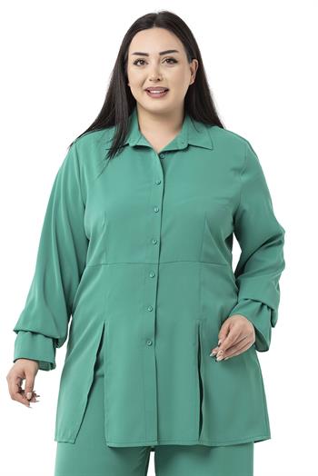 Büyük Beden Yırtmaçlı Rahat Kesim Uzun Kollu Yeşil Gömlek 
