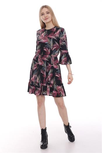 Düğme Kapamalı Sıfır Yaka Beli Büzgülü Siyah Elbise