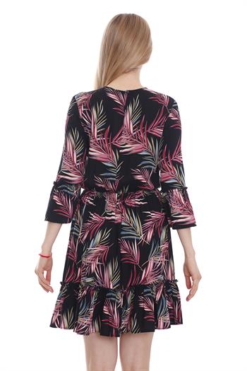 Düğme Kapamalı Sıfır Yaka Beli Büzgülü Siyah Elbise