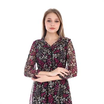 Düğmeli V Yaka Astarlı Şifon Siyah Elbise