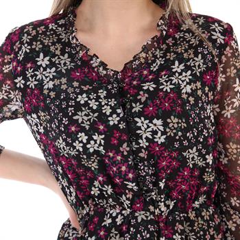 Düğmeli V Yaka Astarlı Şifon Siyah Elbise