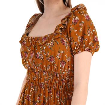 İspanyol Yaka Kısa Kollu Beli Büzgülü Kahverengi Elbise