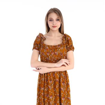 İspanyol Yaka Kısa Kollu Beli Büzgülü Kahverengi Elbise