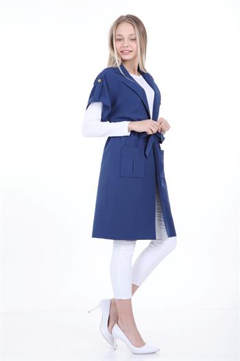 Mono Yaka Beli Tünelli Cepli Apoletli Kısa Kollu Astarsız İndigo Yelek