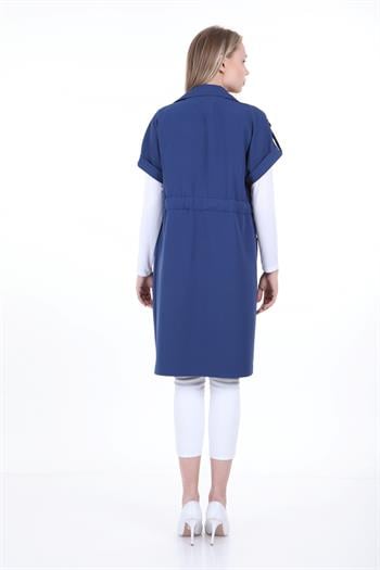 Mono Yaka Beli Tünelli Cepli Apoletli Kısa Kollu Astarsız İndigo Yelek