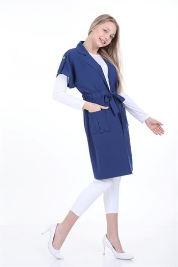 Mono Yaka Beli Tünelli Cepli Apoletli Kısa Kollu Astarsız İndigo Yelek