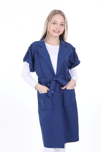 Mono Yaka Beli Tünelli Cepli Apoletli Kısa Kollu Astarsız İndigo Yelek