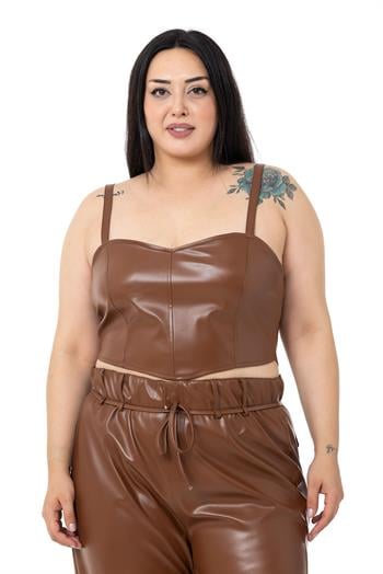 Plus Size Adjustable Thin Strap Crop Leather Brown Bustier