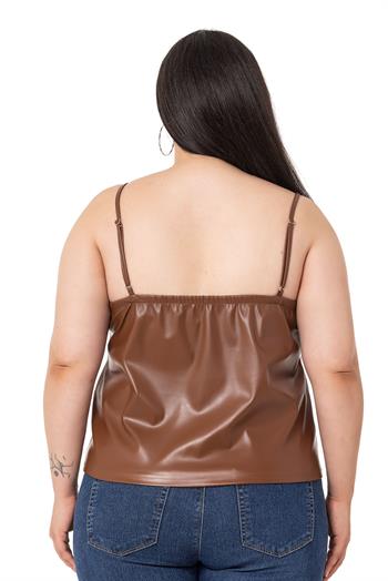 Büyük Beden Ayarlanabilir İnce Askılı Sırtı Lastikli Deri Taba Bluz