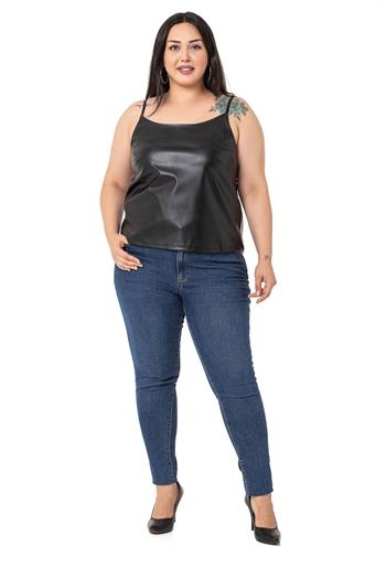 Büyük Beden Ayarlanabilir İnce Askılı Sırtı Lastikli Deri Siyah Bluz