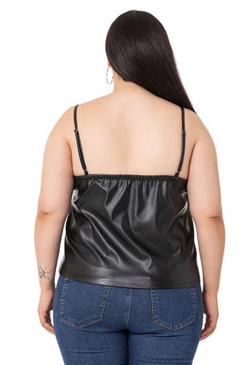 Büyük Beden Ayarlanabilir İnce Askılı Sırtı Lastikli Deri Siyah Bluz