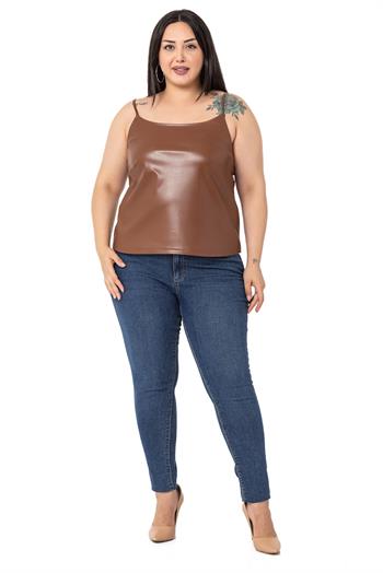 Büyük Beden Ayarlanabilir İnce Askılı Sırtı Lastikli Deri Taba Bluz