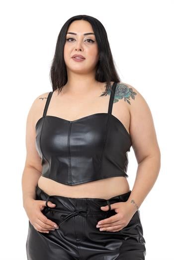 Plus Size Adjustable Thin Strap Crop Leather Black Bustier