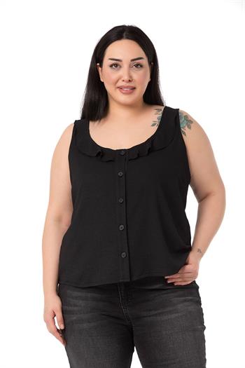 Plus Size Ruffle Collar Sleeveless Buttoned Black Blouse