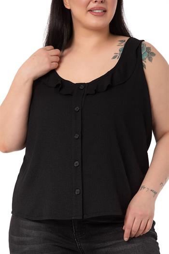 Plus Size Ruffle Collar Sleeveless Buttoned Black Blouse