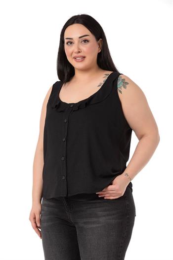 Plus Size Ruffle Collar Sleeveless Buttoned Black Blouse