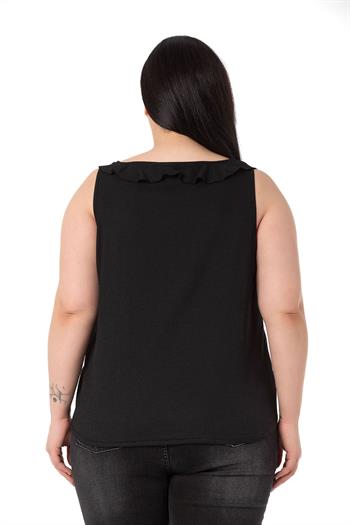 Plus Size Ruffle Collar Sleeveless Buttoned Black Blouse