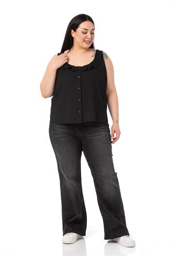Plus Size Ruffle Collar Sleeveless Buttoned Black Blouse