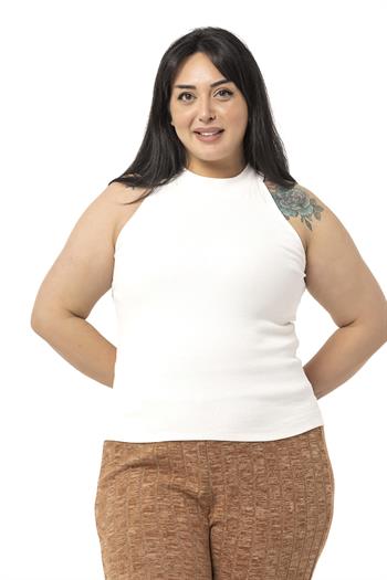 Büyük Beden Halter Yaka Yarım Balıkçı Fitilli Kaşkorse Ekru Body