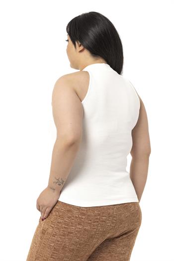 Büyük Beden Halter Yaka Yarım Balıkçı Fitilli Kaşkorse Ekru Body