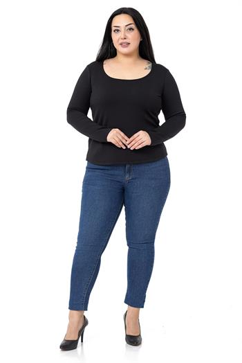 Büyük Beden İçi Şardonlu Uzun Kollu Fitilli Siyah Body