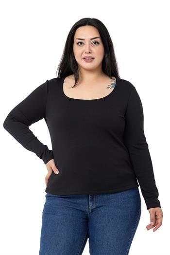 Büyük Beden İçi Şardonlu Uzun Kollu Fitilli Siyah Body