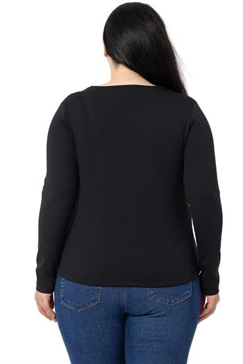 Büyük Beden İçi Şardonlu Uzun Kollu Fitilli Siyah Body