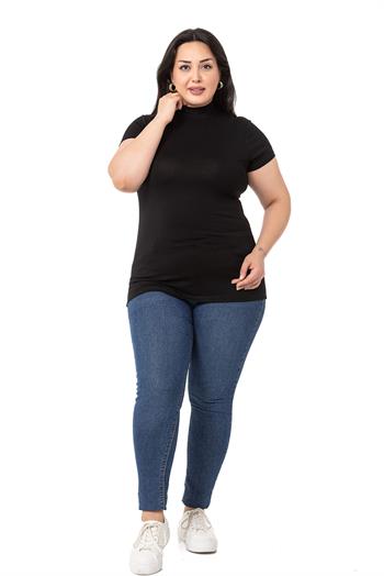 Büyük Beden Yarım Balıkçı Kısa Kollu Viskon Siyah Body