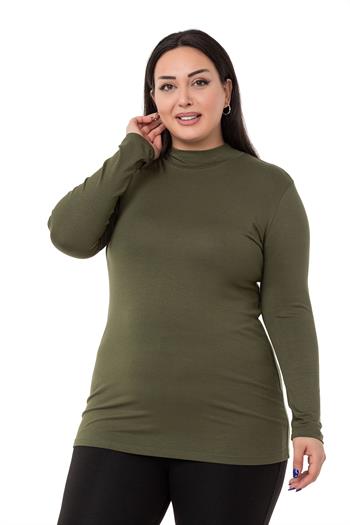 Büyük Beden Yarım Balıkçı Uzun Kollu Viskon Haki Body